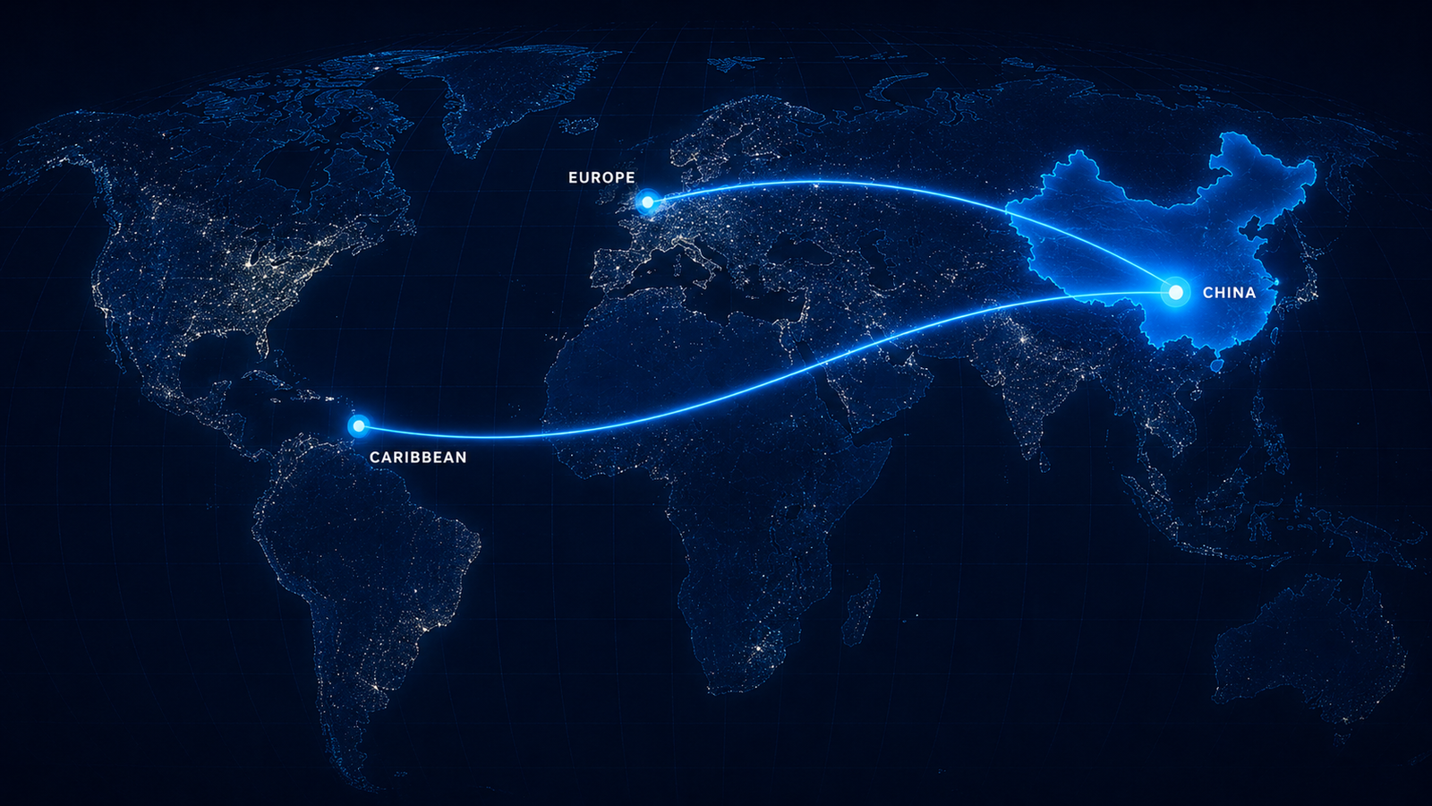 Flowbridge global shipping map from China to Europe and the Caribbean